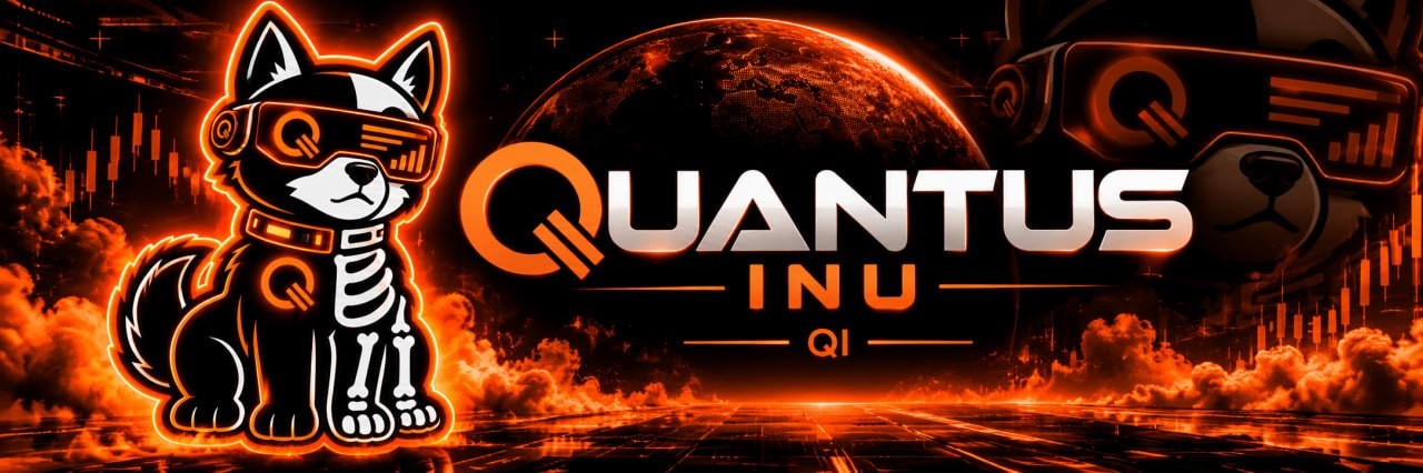 Quantus Inu banner: the mascot beside the QUANTUS INU QI logo over a glowing orange planet