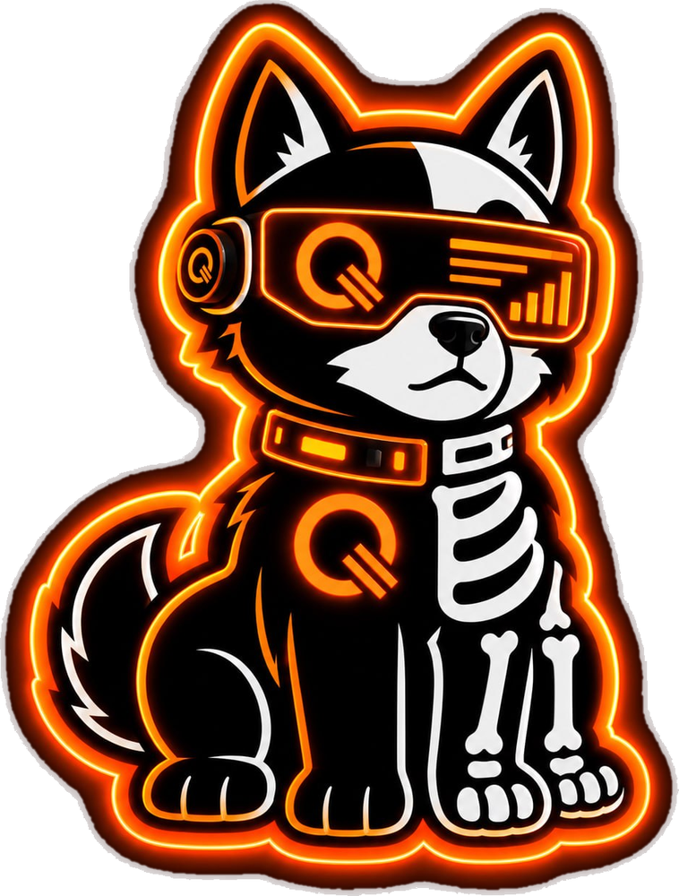 Quantus Inu mascot: a black and white dog in an orange neon visor and collar, with a glowing half-skeleton body
